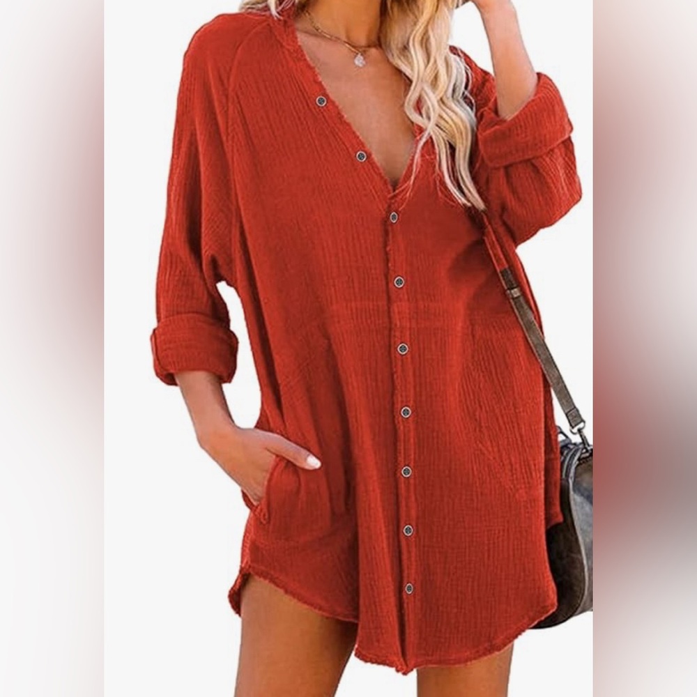 Long Sleeve Cover-Ups Button Down Oversized Dresses With Pockets Small Orange